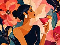 Elegant woman with a cocktail surrounded by modern floral patterns in pastel colors, abstract illustration, woman with cocktail, AI generated [IBR125407405]
