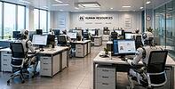 A modern office filled with robots working at desks in the human resources department, AI generated [IBR125407412]