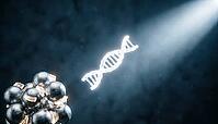 Abstract bright DNA fragment drifting away from dim nanoparticle cluster into dark negative space, studio shot, AI generated [IBR125407414]