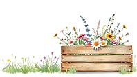 A wooden box with blooming wildflowers, surrounded by grass, looks lively and rural, painting floral motif, AI generates, AI generated [IBR125407417]