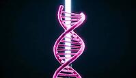 Abstract vertical glowing magenta DNA strand unwinding into exposed sticky end overhang, dark background, studio shot, AI generated [IBR125407429]
