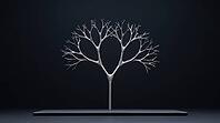 Close-up of a branching tree-like metallic lithium dendrite filament splitting into secondary branches on dark ceramic substrate, charcoal background, battery failure science, AI generated [IBR125407452]