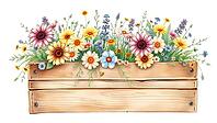 Colourful garden flowers come alive from a natural wooden box and spread happiness, painting floral motif, AI generates, AI generated [IBR125407453]