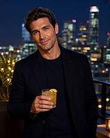 Man enjoying cocktail on balcony with urban skyline at night, illustration, party theme, AI generated [IBR125407460]