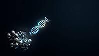 Abstract bright DNA fragment drifting away from dim nanoparticle cluster into dark negative space, studio shot, AI generated [IBR125407464]