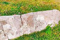 Japanese characters on a granite stone at a memorial in memory of those who died in the war. Japanese characters on monuments from the imperial era before World War II. Sakhalin, Russia [IBR125411156]