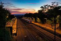 S-Bahn, public transport, train, standing at bus stop, train station, platform, summer rain, sunset, atmospheric, evening mood, Stuttgart, Baden-Württemberg, Germany [IBR113394885]