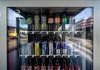 Reflection, vending machine for soda, soft drinks, sugary, bottles and cans, Fanta, Coca-Cola, Sprite, Red Bull, energy drinks, Bad Cannstatt train station, Stuttgart, Baden-Württemberg, Germany [IBR113394888]