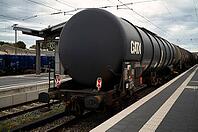 DB, Deutsche Bahn, train, freight train with tank car, standing in the train station, Nördlingen, Swabia, Bavaria, Germany [IBR113394892]