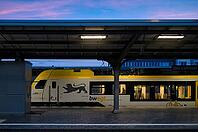 DB, Deutsche Bahn, Zug, Regional-Express, RE, bwegt logo, with bicycle compartment, stands at Bad Cannstatt train station, Stuttgart, Baden-Württemberg, Germany [IBR113394896]