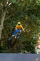 05 September 2026, A cyclist jumps mid-air during the Red Bull Cerro Abajo urban downhill race in Stuttgart, Germany [IBR113394909]