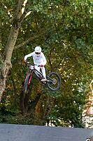 05 September 2026, A cyclist jumps mid-air during the Red Bull Cerro Abajo urban downhill race in Stuttgart, Germany [IBR113394912]