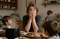 Parental burnout, mental load and domestic exhaustion of a stressed mother at the dinner table surrounded by children and steaming food, emotional fatigue manifests through desperate hand gestures over the face, unpaid care work and overwhelming responsib [IBR125414143]
