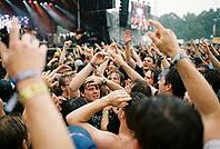 Ecstatic music festival crowd celebrating live open air performance in heavy summer rain, energetic youth culture, collective euphoria and catharsis, drenched concertgoers raising hands in physical communion during rock show, vibrant mosh pit atmosphere r [IBR125414145]