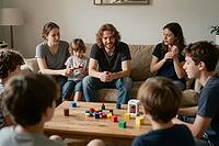 Intergenerational family interaction, playful cognitive development with colorful building blocks fostering communication and shared domestic moments, children and adults gathered around a wooden living room table engage in collaborative motor skill train [IBR125414147]