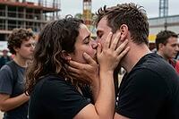 Passionate romantic kiss between young lovers embracing in public space with genuine intimacy, emotional devotion and deep connection, tender hands gently framing faces during an intense moment of affection, striking visual juxtaposition between delicate  [IBR125414154]