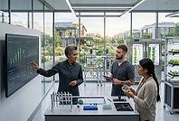 Modern agricultural biotechnology research, data analytics for vertical farming, precision agriculture and botanical genetics inside smart laboratory, three diverse bioengineers collaborate around interactive smart screens and laboratory benches, a senior [IBR125414157]