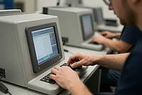 Operator hands typing code on industrial computer terminal workstation, technical training for manufacturing automation and machine programming, vocational learning merging software interfaces with mechanical engineering proficiency, anonymous apprentices [IBR125414162]
