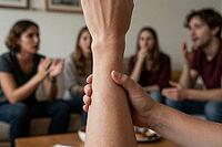 Forearm swelling examination amidst compassionate support circle, tactile inspection of painful wrist cyst, interpersonal vulnerability during health disclosure within domestic living environment, nonverbal communication revealing orthopedic strain and mu [IBR125414165]