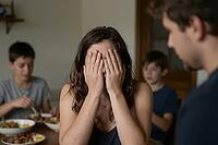Parental burnout and domestic conflict during family dinner, overwhelmed mother hiding face in despair, mental health crisis in the domestic sphere, emotional exhaustion from maternal care work, psychological strain of unequal cognitive load distribution  [IBR125414189]