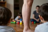 Parental supervision and family dynamics during early childhood development at home, adult presence standing over playing toddlers on wooden floor, bare leg of guardian symbolizing foundational stability and protective oversight within domestic sanctuary, [IBR125414208]