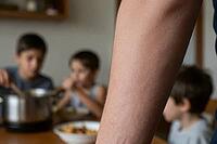Domestic care work and parental exhaustion in modern family life, close up skin texture of adult arm framing children eating at dining table, somatic manifestation of invisible reproductive labor in the private sphere, young boys having lunch together fro [IBR125414213]