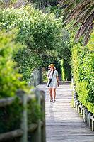 Young woman with camera, photographer walking along a path in the countryside, Cape Town, South Africa [IBR125414217]