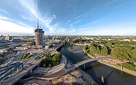 Panoramic view of the Entenwerder Bridge across the Norderelbe with Elbe bridges and Elbe Tower construction site in front of Hamburg city skyline, Hamburg, Germany [IBR113394941]