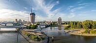 Panoramic view of the Entenwerder Bridge across the Norderelbe with Elbe bridges and Elbe Tower construction site in front of Hamburg city skyline, Hamburg, Germany [IBR113394943]