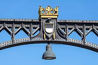 Decorated bridge element with golden crown, city coat of arms and lantern, embedded in the historic steel structure, Neutor Bridge, Ulm, Swabian Jura, Baden-Württemberg, Germany [IBR125414221]