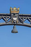 Decorated bridge element with golden crown, city coat of arms and lantern, embedded in the historic steel structure, Neutor Bridge, Ulm, Swabian Jura, Baden-Württemberg, Germany [IBR125414234]