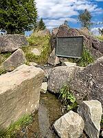 Source of the river Lenne Lennequelle on top of Kahler Asten in the Rothaargebirge with metal plate on it inscription Lennequelle 830 m above sea length of the river 138 km, Winterberg, Sauerland, North Rhine-Westphalia, Germany [IBR125414237]