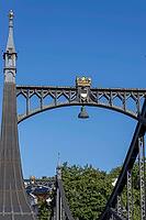 Decorated bridge element with golden crown, city coat of arms and lantern, embedded in the historic steel structure, Neutor Bridge, Ulm, Swabian Jura, Baden-Württemberg, Germany [IBR125414270]