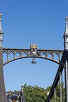 Decorated bridge element with golden crown, city coat of arms and lantern, embedded in the historic steel structure, Neutor Bridge, Ulm, Swabian Jura, Baden-Württemberg, Germany [IBR125414281]