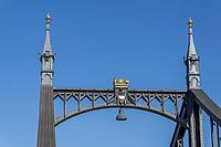 Decorated bridge element with golden crown, city coat of arms and lantern, embedded in the historic steel structure, Neutor Bridge, Ulm, Swabian Jura, Baden-Württemberg, Germany [IBR125414284]