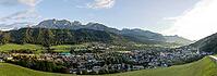 View of Schladming and the Dachstein massif in morning light, panoramic picture, Schladming, Styria, Austria [IBR125415359]
