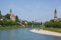 Mülln parish church with river Salzach and Salzach beach, city of Salzburg, Salzburg, Salzburger Land, Austria [IBR125415388]