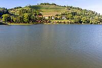 View over Lake Sulmsee to the Silberberg wine region, Sulmsee, Styria, Austria [IBR125415390]