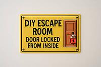 Yellow DIY escape room sign with door and lock icons, indicating that the door is locked from inside, AI generated [IBR125421203]