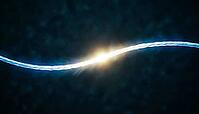 Abstract glowing blue to white yellow stress concentration gradient along a curved fiber line, dark background, aramid fiber engineering stress analysis concept, AI generated [IBR125421204]