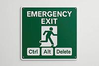 Green emergency exit sign with running man and control alt delete keyboard keys suggesting restarting and escaping problems, AI generated [IBR125421207]