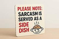Funny sign standing on a wooden table, featuring the sentence sarcasm is served as a side dish and a steaming dish with a sarcastic face, AI generated [IBR125421216]