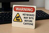 Humorous warning sign placed on an office desk, playfully indicating that the keyboard might bite before enjoying morning caffeine, AI generated [IBR125421229]