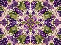 Symmetrical floral ornament with purple grapes and green leaves on a light background, ornate background, AI generated [IBR125421237]
