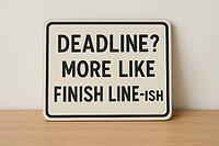 Funny quote about deadline and finish line encouraging office workers to be positive and productive, AI generated [IBR125421238]