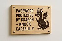 Password protection guarded by a dragon, featuring a wooden sign with a humorous warning to knock carefully before entering, AI generated [IBR125421240]
