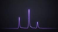 Abstract glowing violet mass spectrometry data trace with three sharp peaks on a dark background, no readable labels, analytical chemistry data visualization concept, AI generated [IBR125421242]