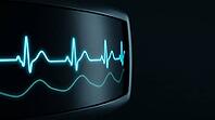 Abstract glowing cyan and teal vital signs waveform display with no readable numbers, dark curved surface, cardiac monitoring concept, clinical macro photography, AI generated [IBR125421253]