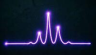 Abstract glowing violet mass spectrometry data trace with three sharp peaks on a dark background, no readable labels, analytical chemistry data visualization concept, AI generated [IBR125421276]