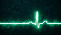 Abstract glowing green electrocardiogram waveform trace with a single sharp QRS spike, dark background, cardiac monitoring concept, clinical macro photography, AI generated [IBR125421278]